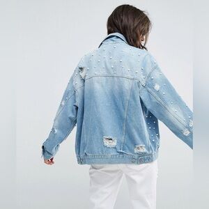 Free People Pearl Embellished Trucker Denim Jacket